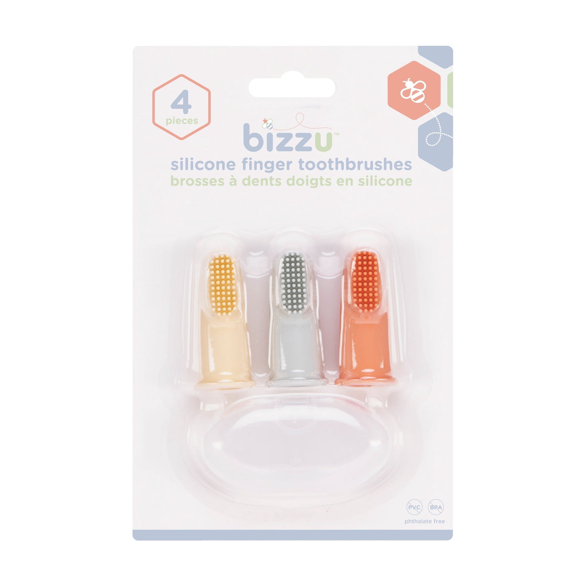 Bizzu Baby Silicone Finger Toothbrush with Storage Case, Food-Grade Platinum Silicone, Oral Care for Infants and Babies, 3 Count