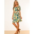 thumbnail image 4 of Vestido tropical hawaiano para mujer, cuello cuadrado, manga farol, floral, vestido acampanado Amarillo L, 4 of 6