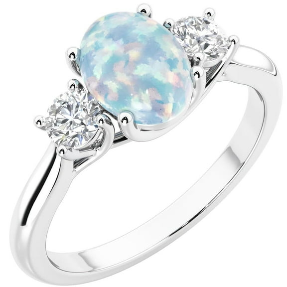 White Opal and Lab Grown Diamond 3-Stone Trellis Ring 14K Gold 1.30 Carats Oval