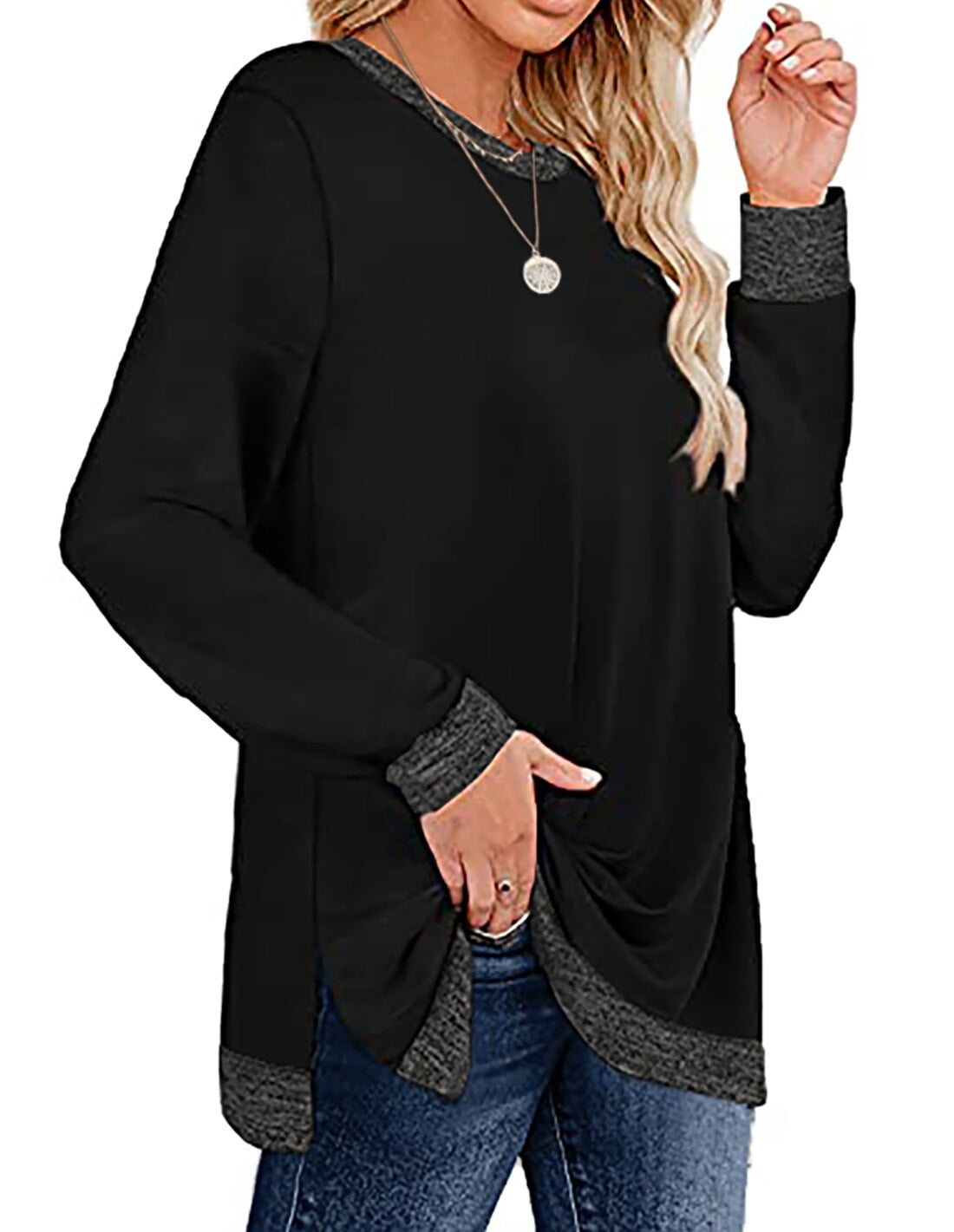 Sweatshirt for Women Long Sleeve Tunic Tops Color Block Crewneck Sweatshirts Side Split