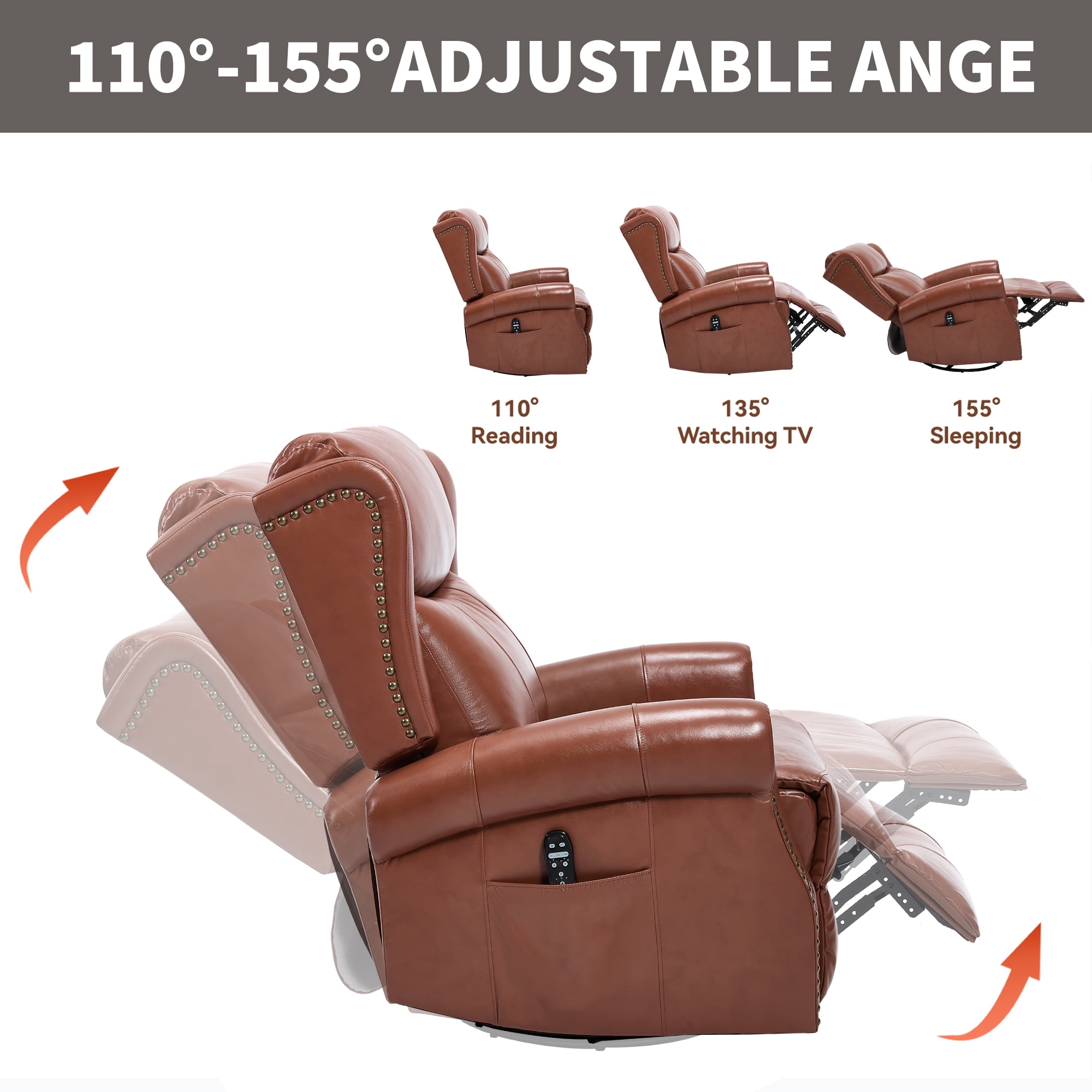 Leumius Swivel Rocker Recliner Chair with Vibration Massage and Lumbar Heating,Ergonomic Lounge Chair with Rocking Function,Rivet Design,Red