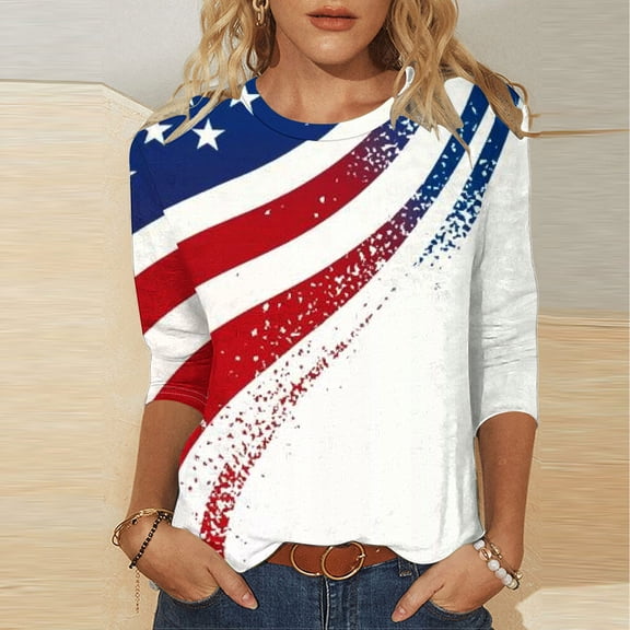 Vetsdori Womens Plus Size 3/4 Sleeve T Shirts Summer Pullover 4th of July Independence Day,Graphic Crew Neck Fashion American Flag Tops for Junior Casual