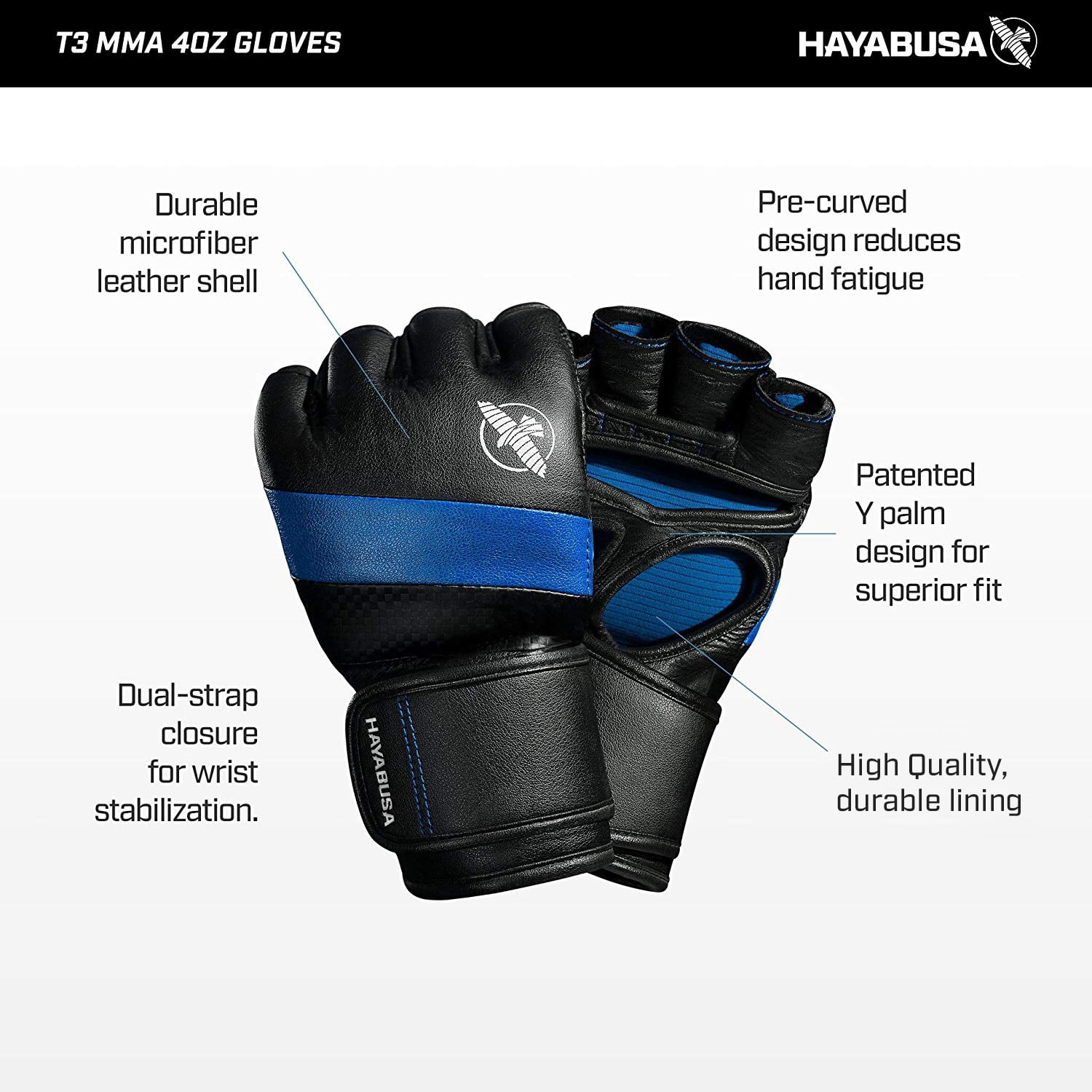 Hayabusa T3 4 oz. Dual-X Hook and Loop Vylar MMA Gloves - Large - Black/Blue