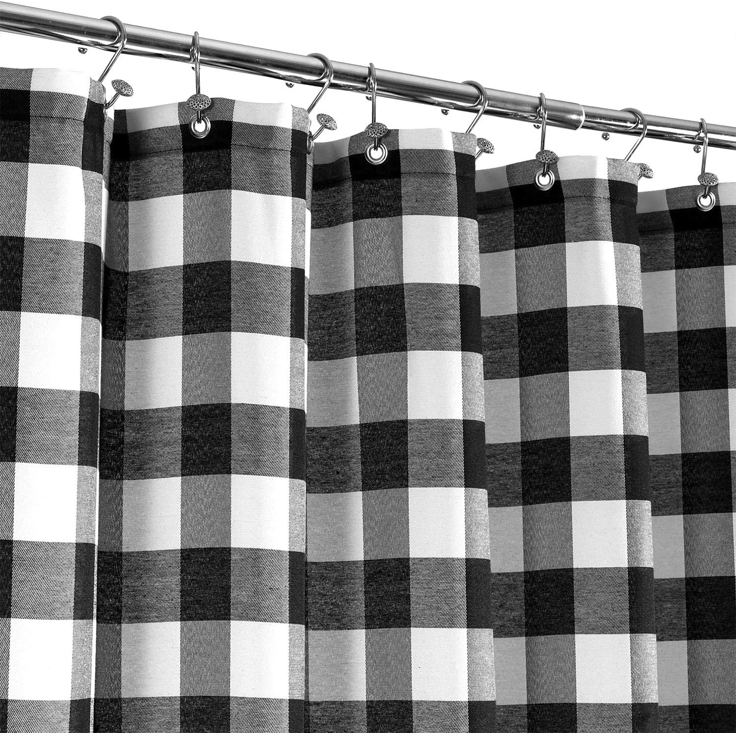 Extra Long Buffalo Check Shower Curtain: Cotton Blend Plaid Woven Texture & Machine Washable, Water-Repellent, Rustic Farmhouse Style for Bathroom - Black and White, 72x84 Inch