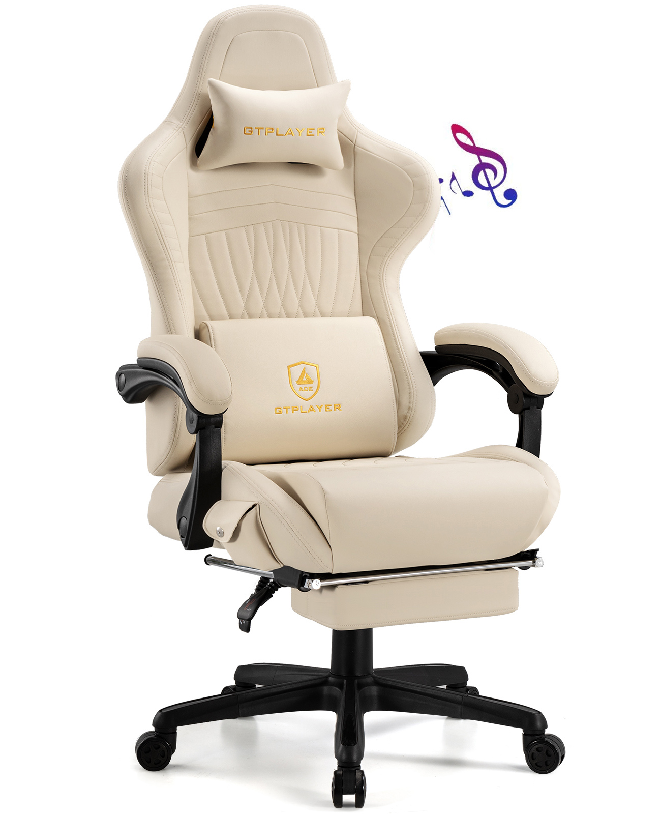 Gtplayer Pro Gaming Chair with Footrest, Dual Bluetooth 5.1 Speakers PVC Leather Recliner, Ivory