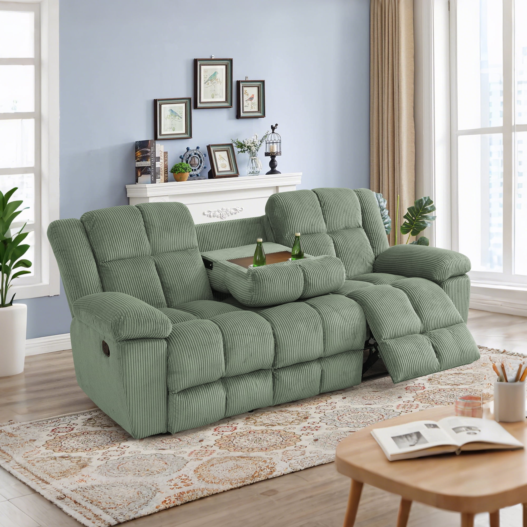 Gewnee Multifunctional Sofa, Foldable Table, Corduroy Upholstery, Solid Wood Frame, Ideal for Living Room, Green