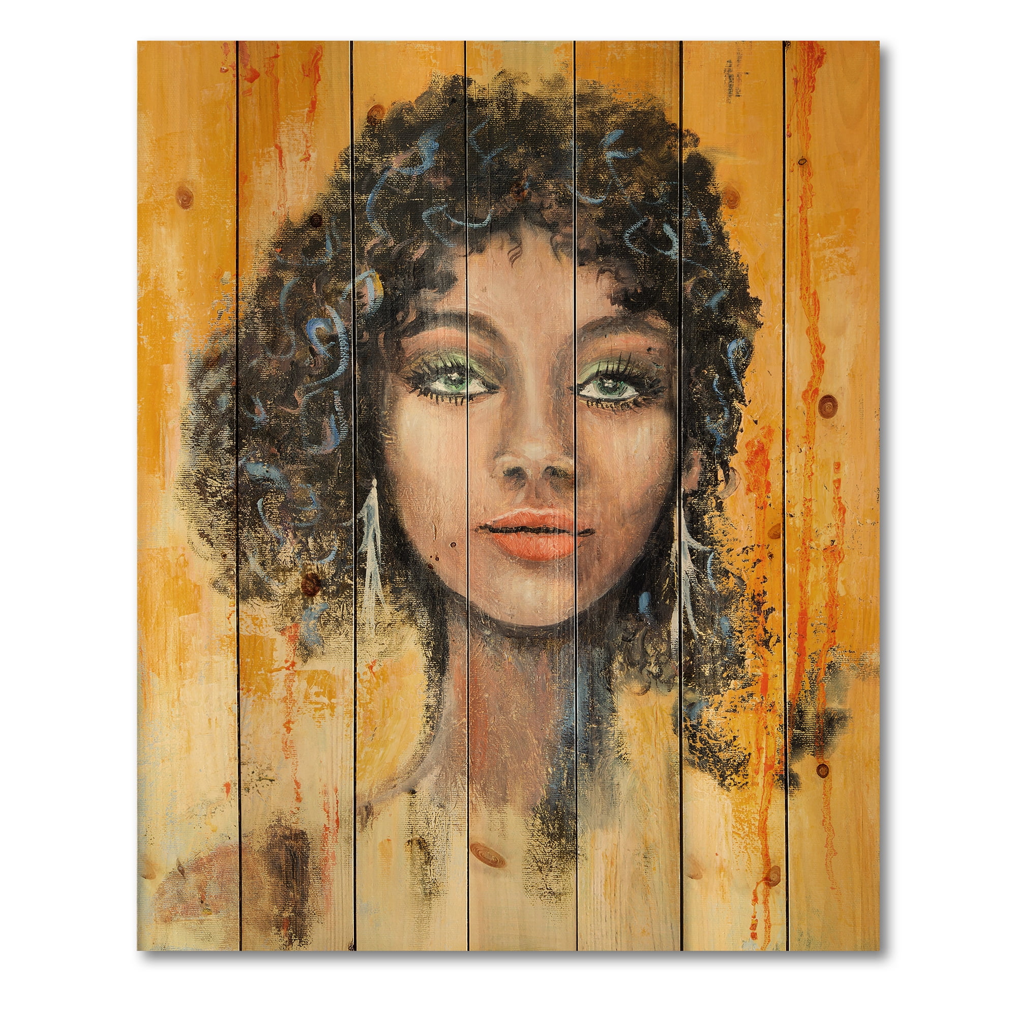 Designart 'Girl Face With Green Eyes & Black Hair Impression' Modern Print on Natural Pine Wood