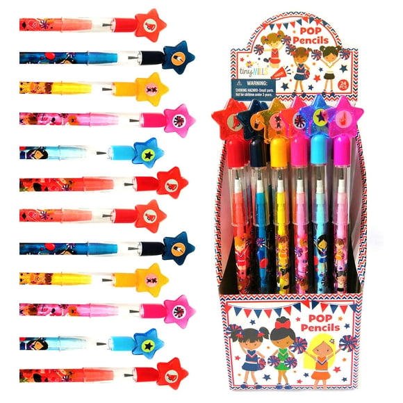 TINYMILLS Assortiment de 24 Crayons à Pousser Empilables Multi-Points pour Cheerleading avec Gomme pour Cadeaux de Fête, Garnitures de Sacs Cadeaux, Récompenses en Classe VBS, Remplisseurs de Pinata, Prix de Carnaval