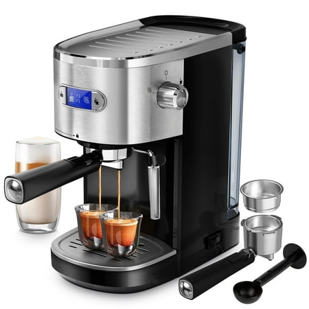 

KISSAIR Semi-Automatic Coffee Machine 20BAR High-Pressure Extraction LED Display 1.2 L Water Tank 1&2 Cups PCB Electronic Temperature Control Steam Milk Foam for Home/Office Black