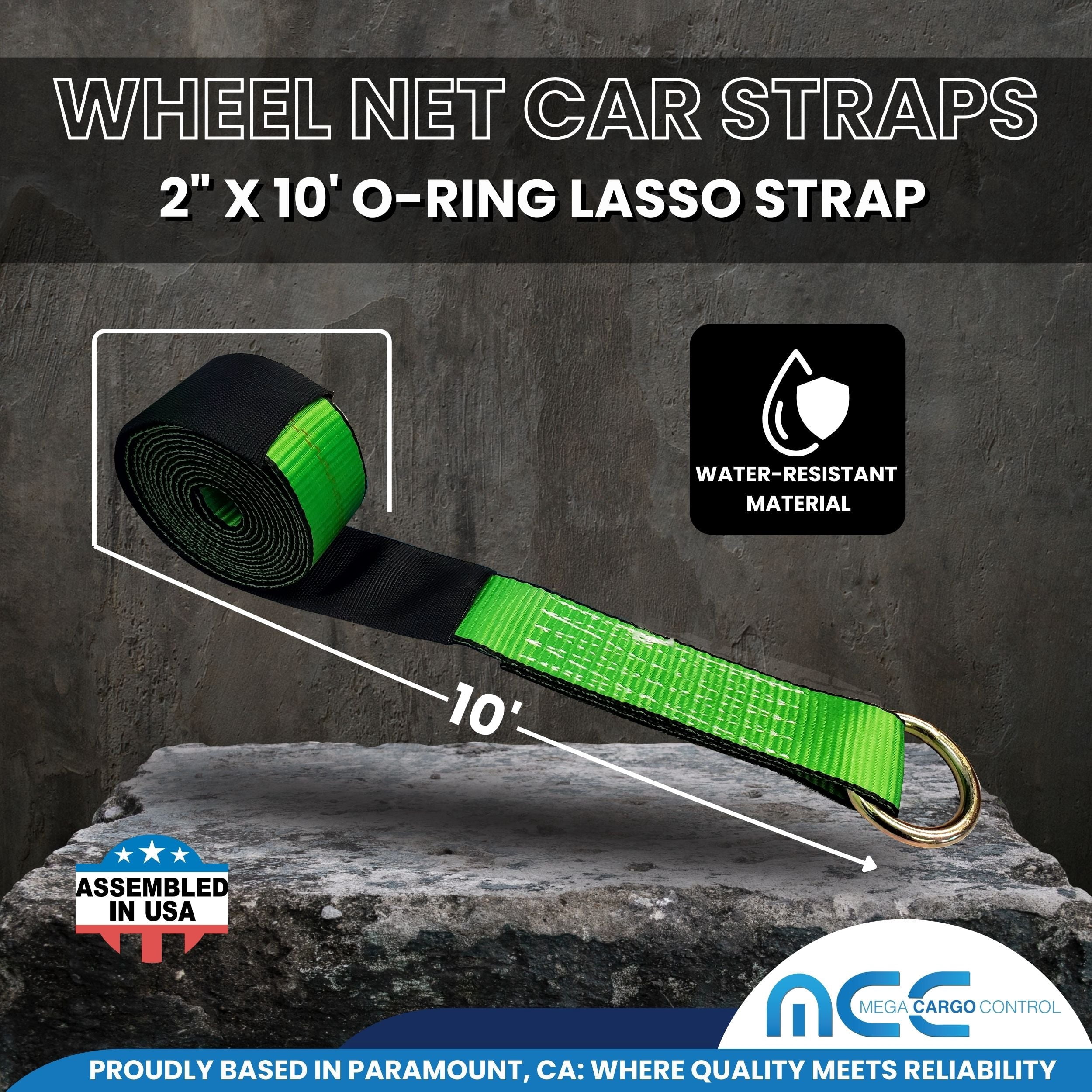 Mega Cargo Control Side Mount Wheel Net Straps with Swivel J Hook Ratchet Buckles, 2" x 10' O-Ring Lasso Strap, 4 Pack, Green