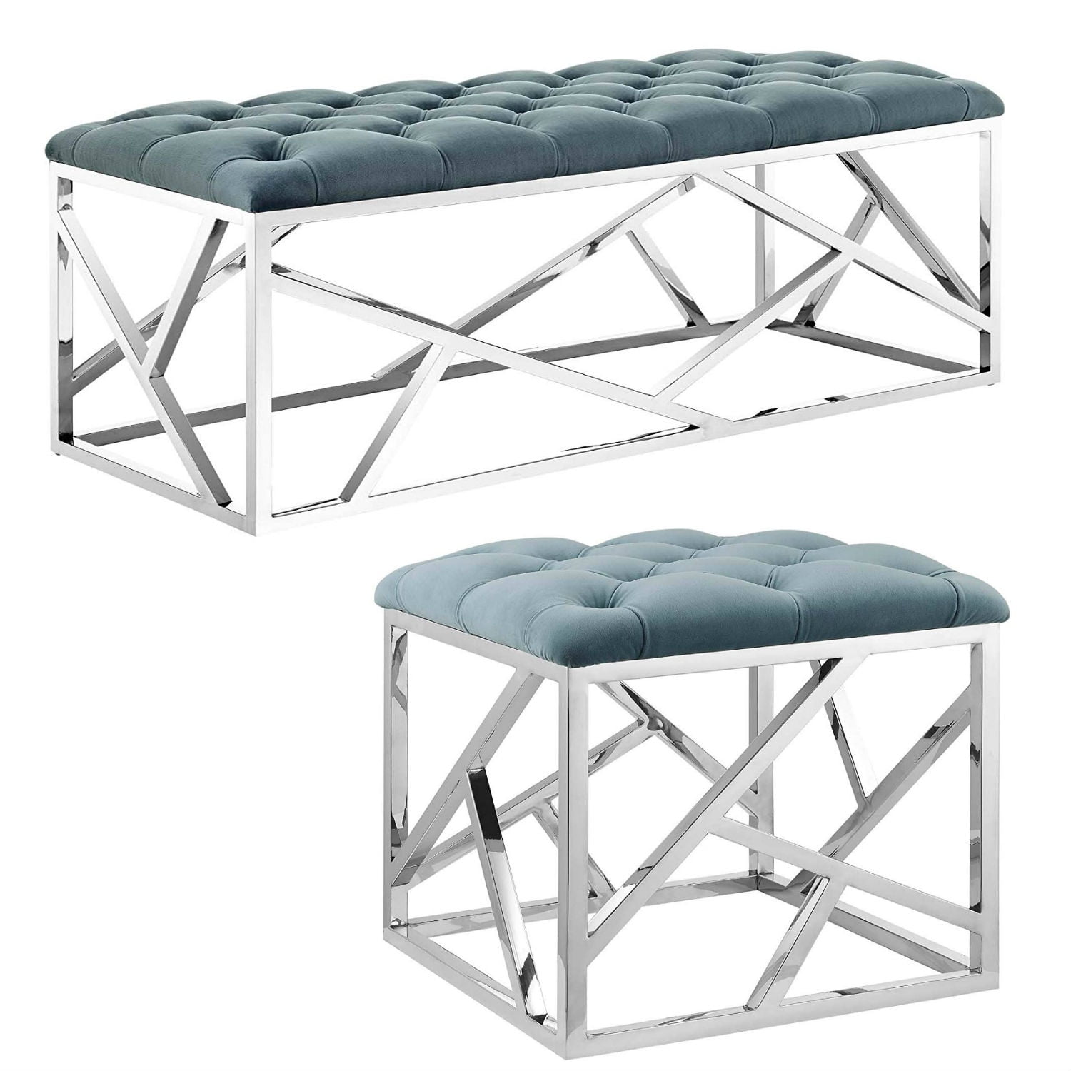 Sea Blue Velvet Tufted Bench with Polished Stainless Steel Base