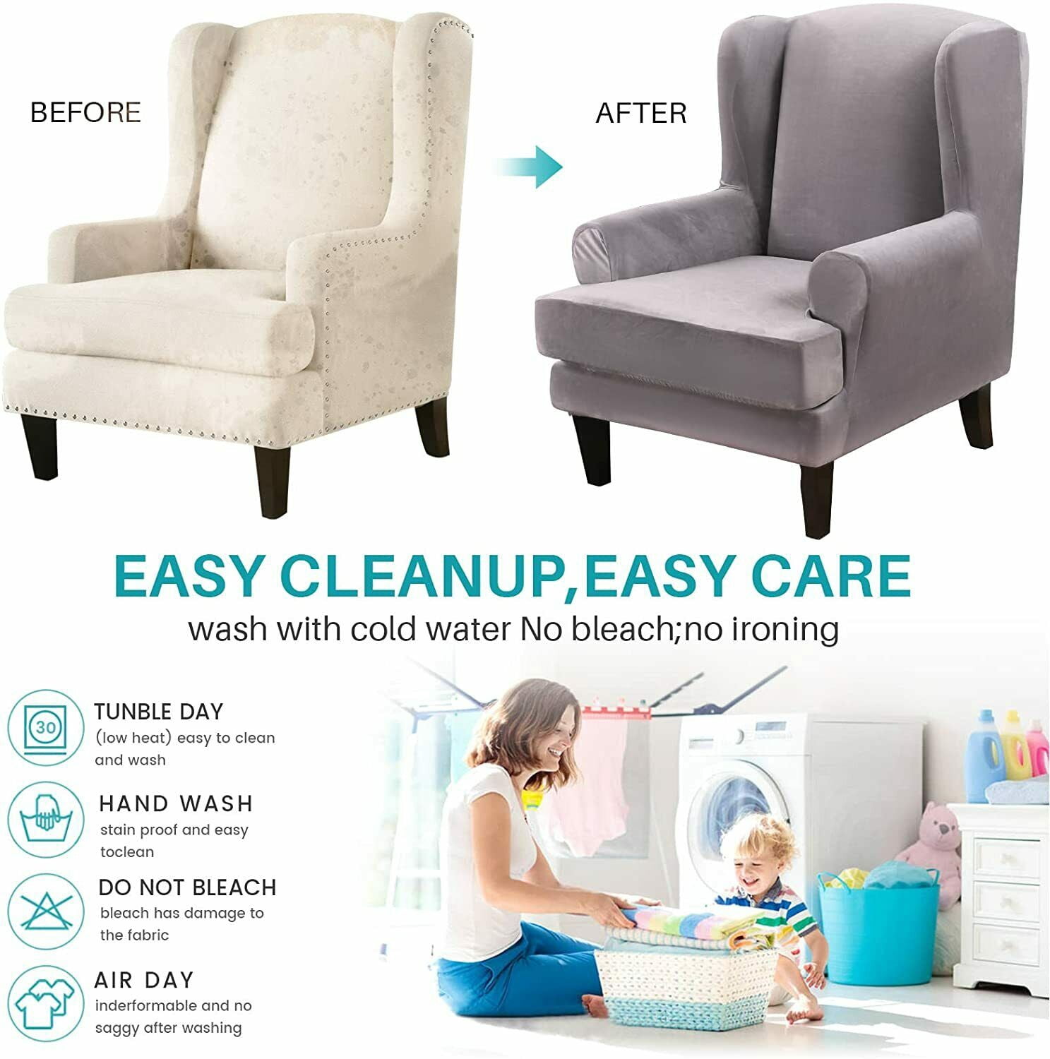 SHANNA Wingback Chair Slipcover Sofa Furniture Protector 2-Piece Armchair Covers with Seperate Seat Cushion Cover
