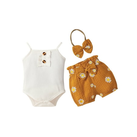 

Seyurigaoka Baby Girl Set Solid Color Romper+Daisy Print Shorts+Headband