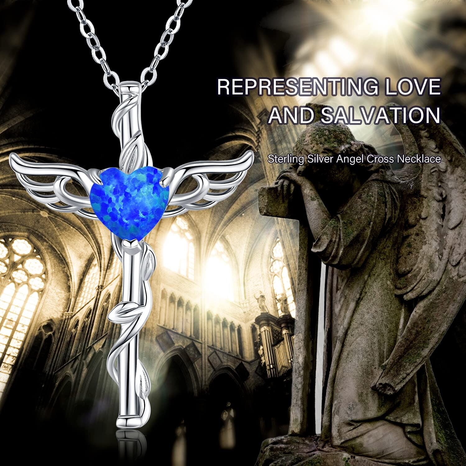 Coachuhhar Angel Wing Cross Necklace 925 Sterling Silver Blue Opal Cross Crucifix Pendant Necklace Guardian Angel Wings Necklace Cross Jewelry Gifts for Women