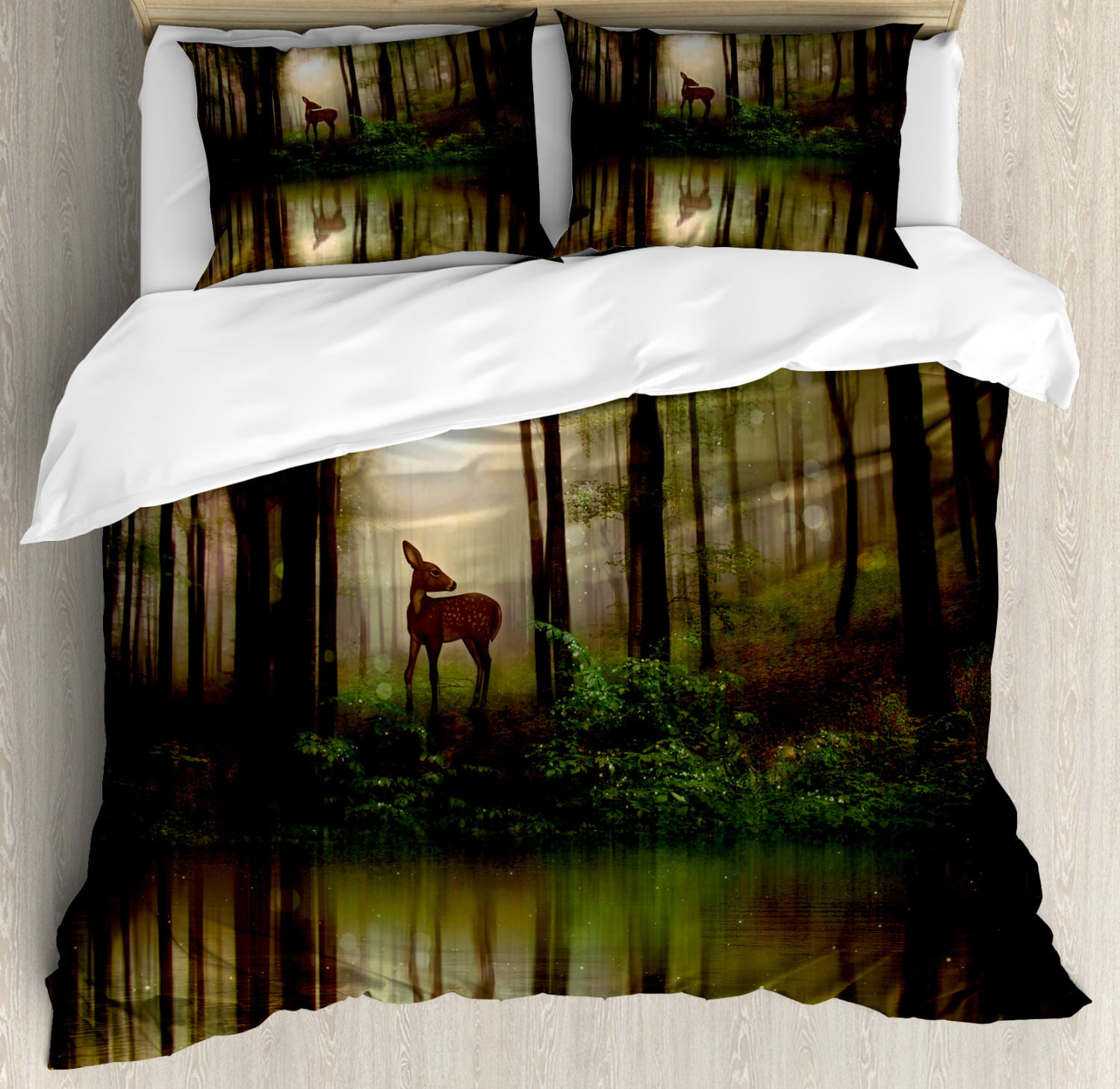 Nature Queen Size Duvet Cover Set, Baby Deer in the Forest with ...