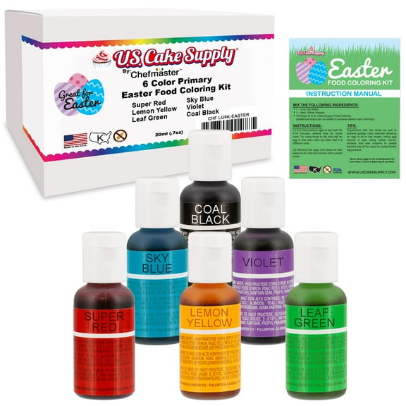 6 Color Primary Cake Food Coloring Liqua-Gel Easter Egg Decorating Baking Set - U.S. Cake Supply .75 fl. Oz. (20ml)