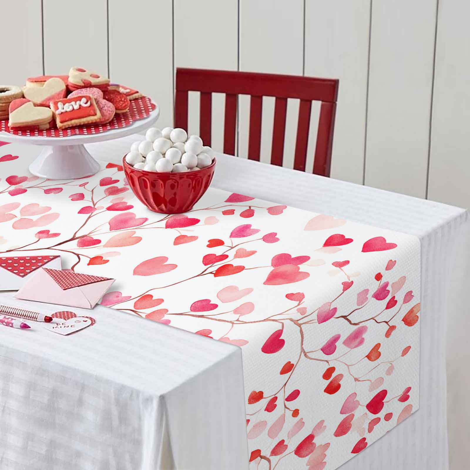 Valentine's Day Table Runner, Romantic Watercolor Red Gradient Love Heart Tree Washable Cotton-linen Table Runners Dining Kitchen Decoration for Everyday Home Wedding Party Decor, 13 x 108 Inch