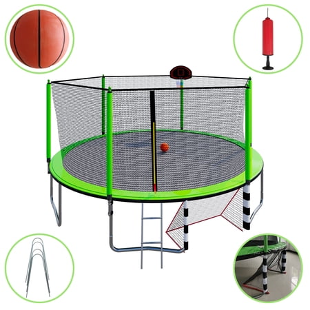 ikayaa 16FT Trampoline with Basketball Hoop pump and Ladder(Inner Safety Enclosure) with soccer goal Green
