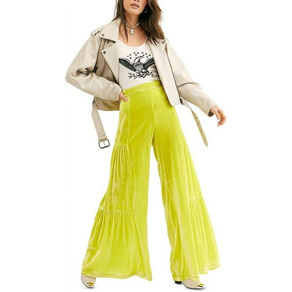 Free People Women's Say La Vie Palazzo Wide Leg Pants Yellow Size 2, $148 NWT