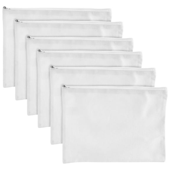 6-Pack White Makeup Bag Set with Zipper - 12 x 9 Customizable Cotton Canvas Pouches for DIY Arts and Crafts, Items to Tie-Dye for Cosmetic Items, Stationary, Party Favors