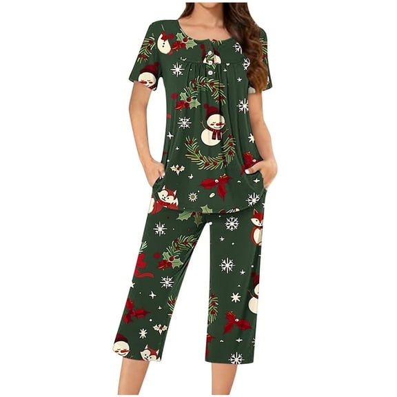 Lorytime Women Christmas Pajamas Sets Snowman Short Sleeved Crew Neck Button Tunic Tops Capri Pants Cozy Sleepwear Gift