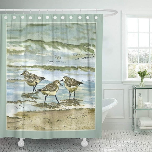 YUSDECOR Ocean Sandpiper Beach Birds Watercolor in Sea Blue Kathie Bathroom Decor Bath Shower Curtain 60x72 inch