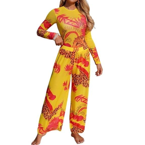 Women'S Long Sleeve Swimsuits Rash Guard Printed Pattern Beach Cover-Up Set with Long Pants Yellow Suit XL