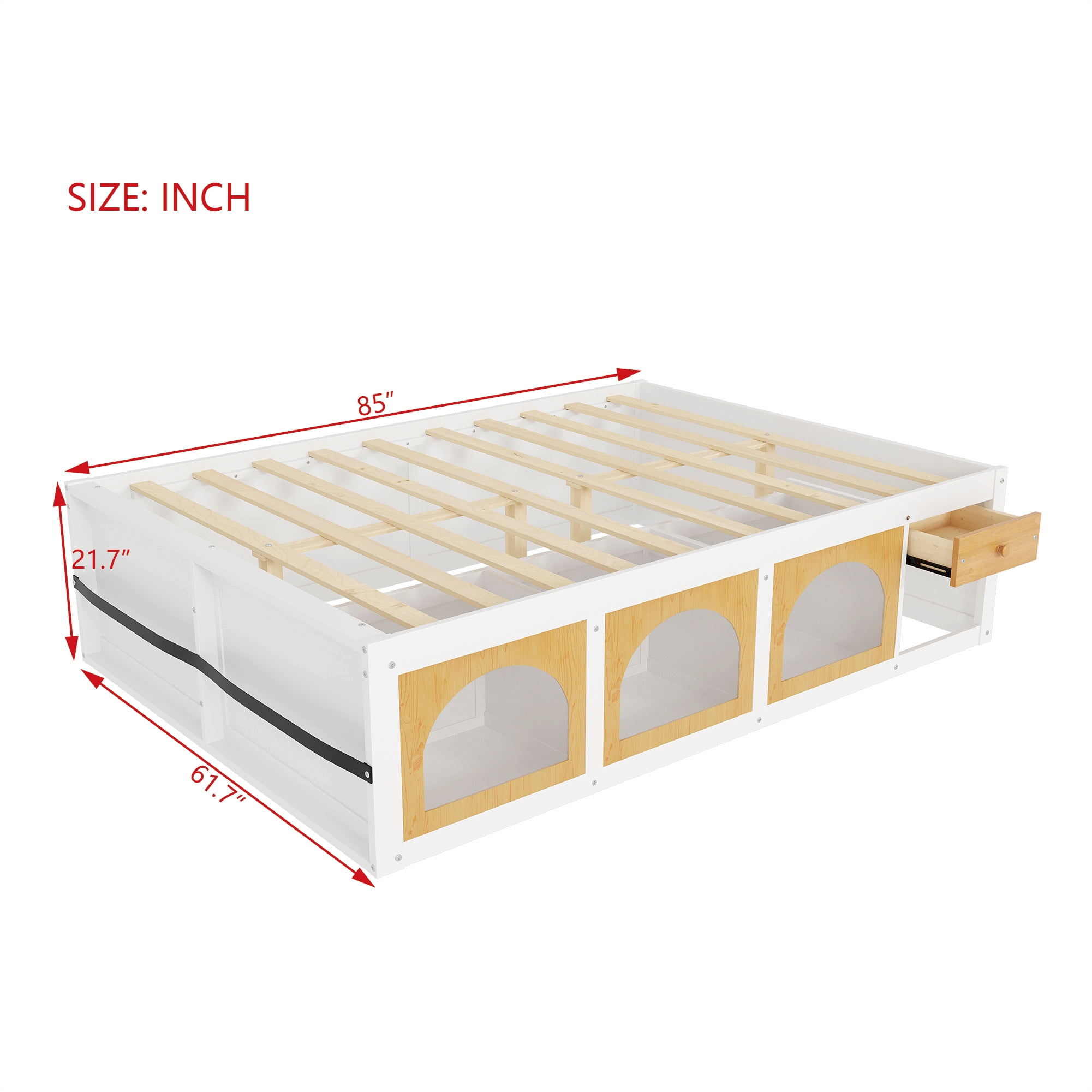 Mintazer Modern Queen Size Bed with Bookshelf and 3 Open Cubbies & Drawer, Platform Bed Frame with LED Light for Kids Bedroom, Natural & White