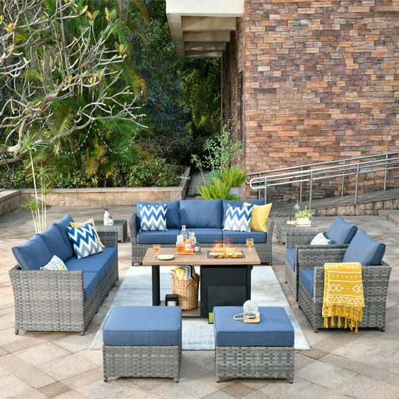 Vcatnet Outdoor Conversation Set 13 Pieces Sectional Sofa with 46" Fire Pit All Weather Wicker Patio Furniture Set with Ottoman for Garden,Backyard,Denim Blue