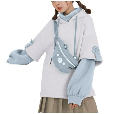 IROINNID Women s Long Sleeve Sweatshirt Mid-Length Color Block Leisure Autumn Winter Sweatshirt with Zipper Messenger Bag 2PC  Blue