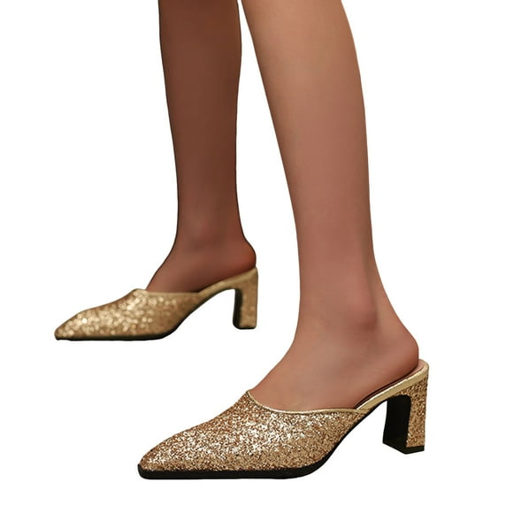 Womens Bling Sequin Mules Bridal Wedding Sparkly Pointed Toe Chunky Block High Heels Slip on Dress Sandals Clogs Pumps Shoes for Bride
