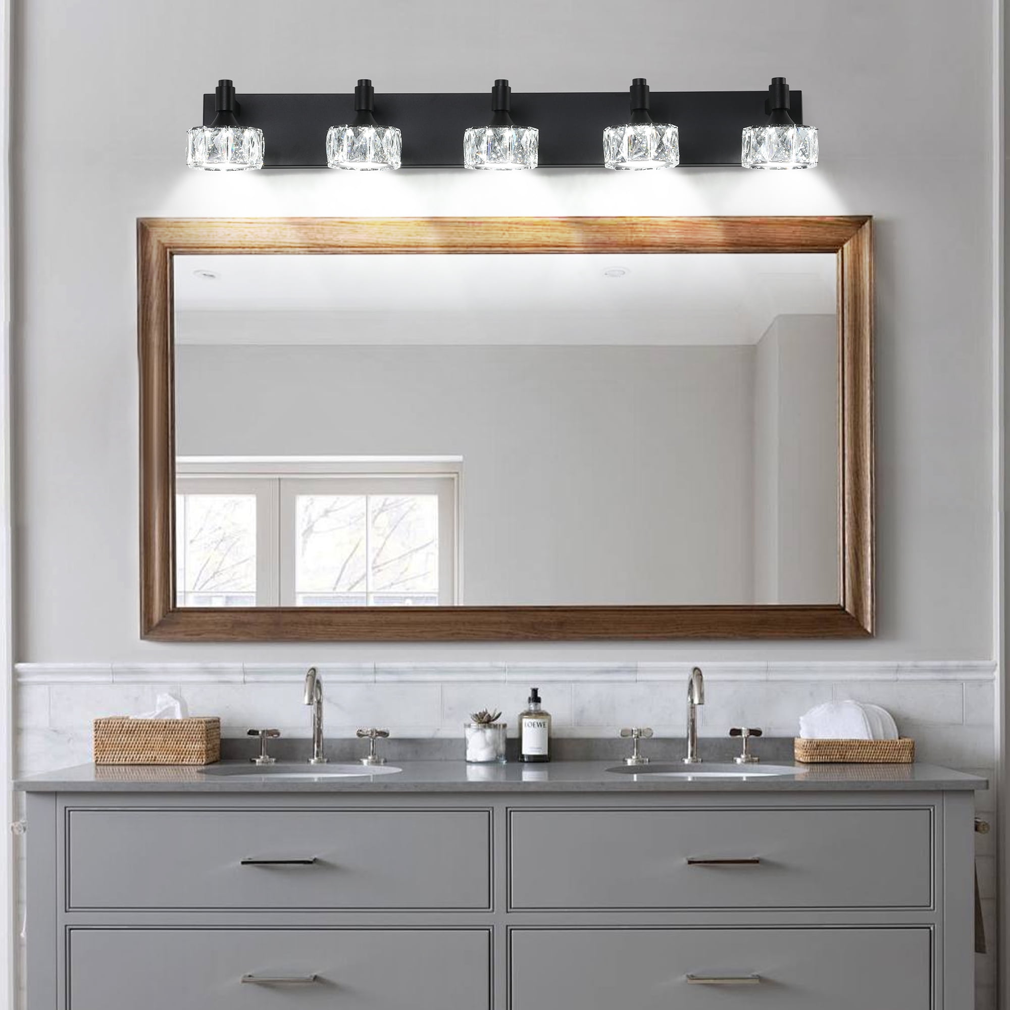 Crystal Vanity Lights for Bathroom, 5 Light Bathroom Vanity Light, Modern 36.0in Light Over Mirror Light Fixtures Matte Black