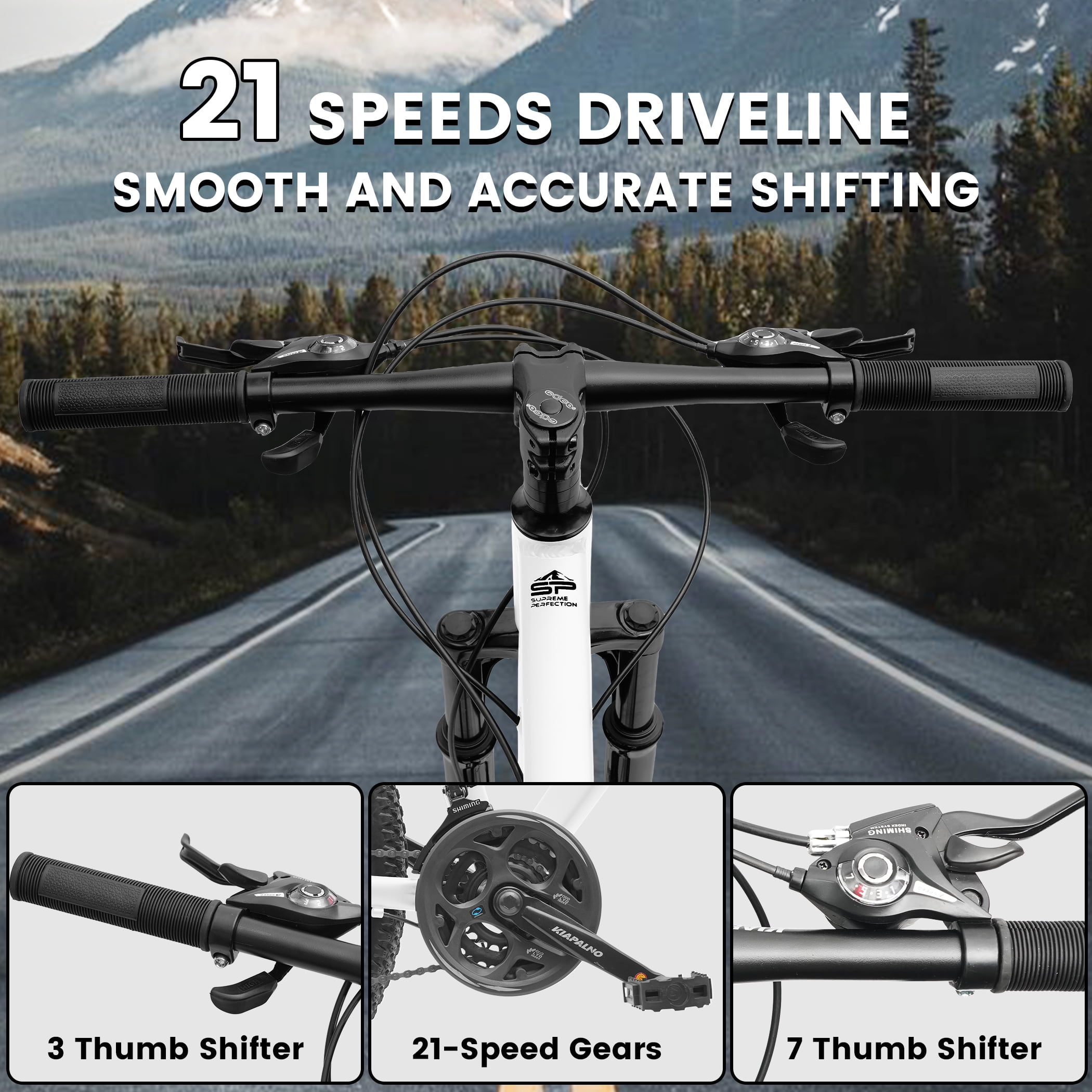 26 Inch Mountain Bike for Adult Men Women, 21-Speed Mountain Bicycle with Front Suspension and Dual Disc Brakes, Aluminum Alloy Frame MTB Bike for Outdoor Trail Commuter, White