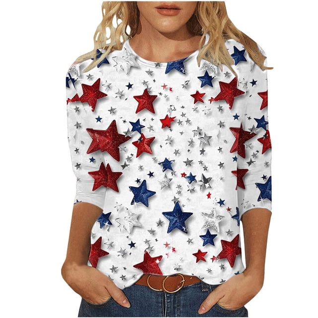 YanHoo Chemises du 4 Juillet Femmes Hauts Manches 3/4 pour Femmes Chemises Patriotiques Blouses Manches 3/4 T-Shirts Col Rond Tunique Chandail Hauts Femmes Hauts Manches 3/4 Liquidation