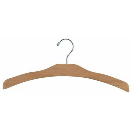 Arched Wood Top Hanger, Box of 50 Space Saving 17 Inch Flat Wooden Hangers w/ Natural Finish & Chrome Swivel Hook & Notches for Shirt Jacket or Dress by International Hanger