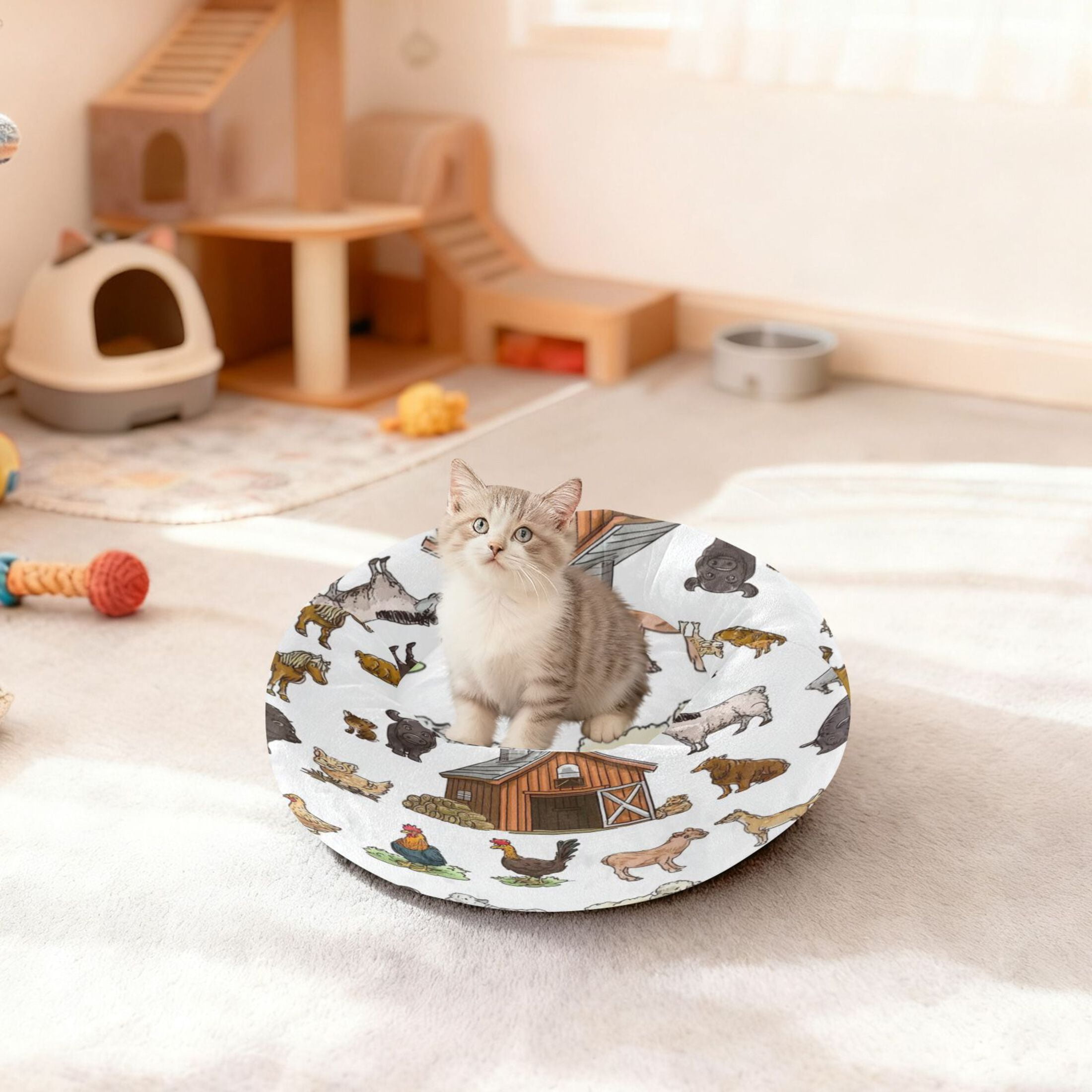 Iauyy Pet Couch Donut Cat Bed for Indoor Cats/Small Dogs Washable & Machine with Non-slip Bottom Calming Cat Furniture, 30 Farm Animals (M)