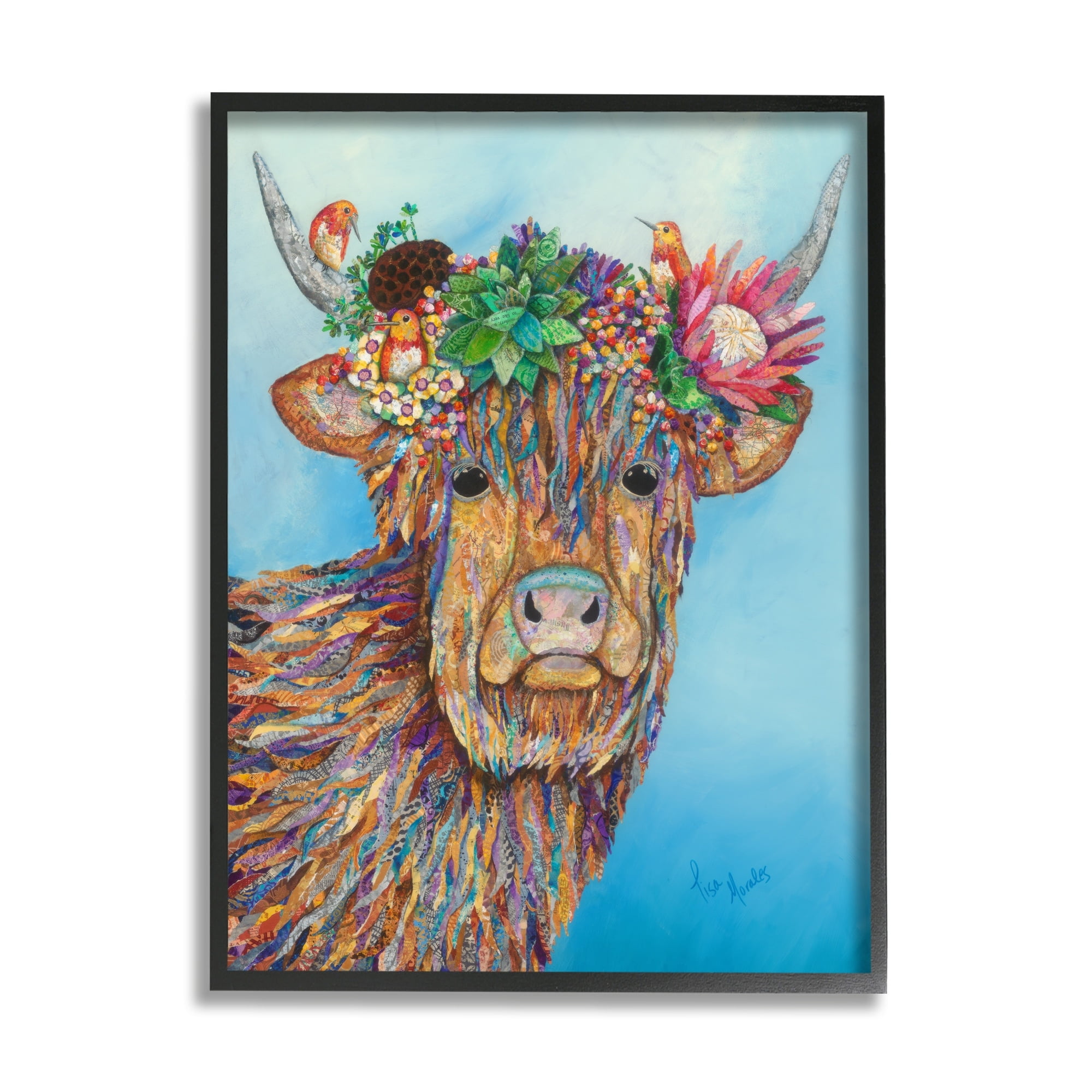 Stupell Industries Bella Cow Cattle Floral Blossom Crown Collaged Painting Painting Black Framed Art Print Wall Art, Design by Lisa Morales