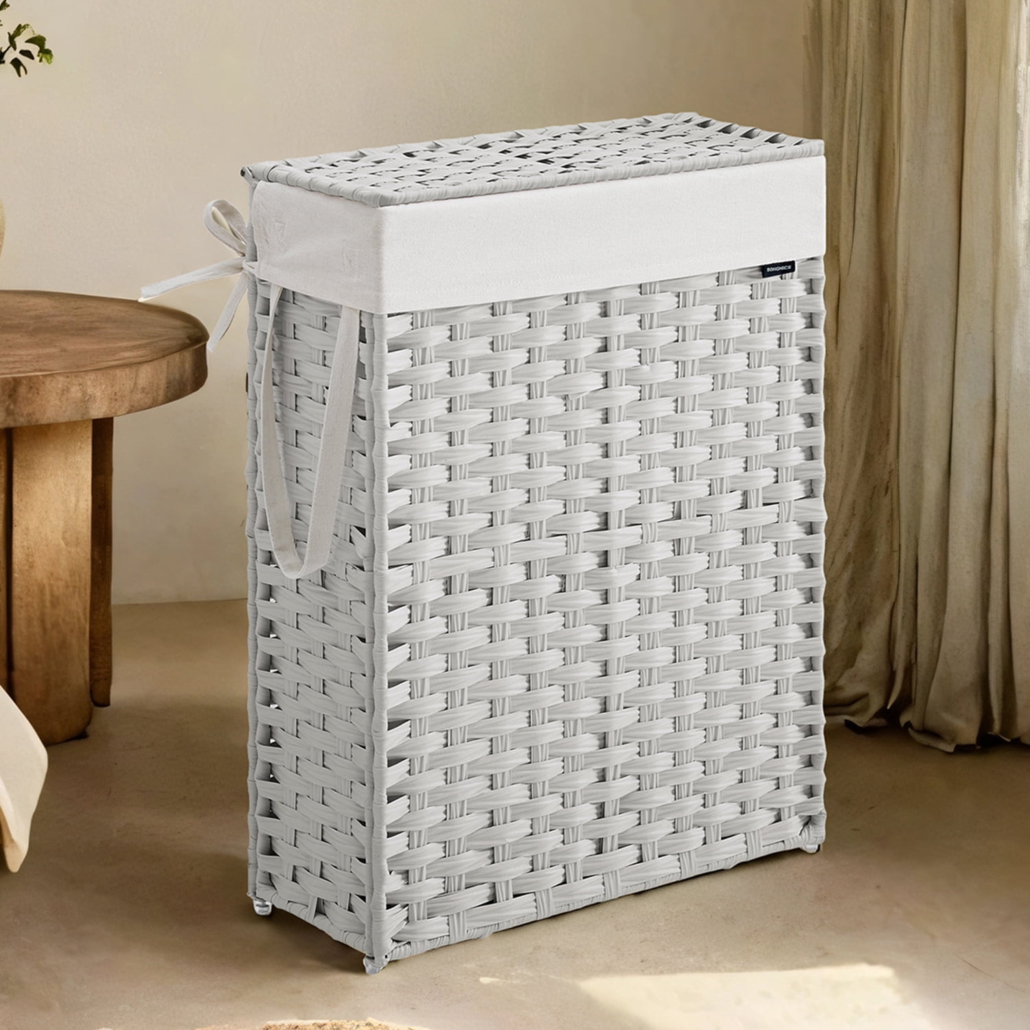 LEDREM 14.5-Gallon Slim Laundry Hamper with Lid, Rattan Clothes Basket with Removable Liner & Handles, Foldable, Space-Saving, Cloud White