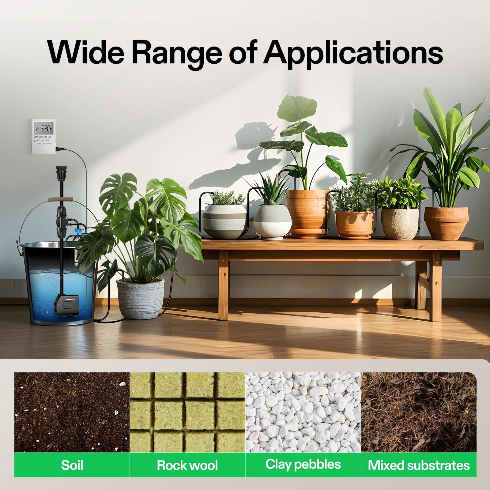 Automatic Drip Irrigation Kit Smart Watering System with 16/8/4 Drip Emitters, 4mm Fast Flow, App-Controlled A10 GrowHub, Quiet 15W Pump, Anti-Siphon & Filtered for Indoor & Outdoor Plants