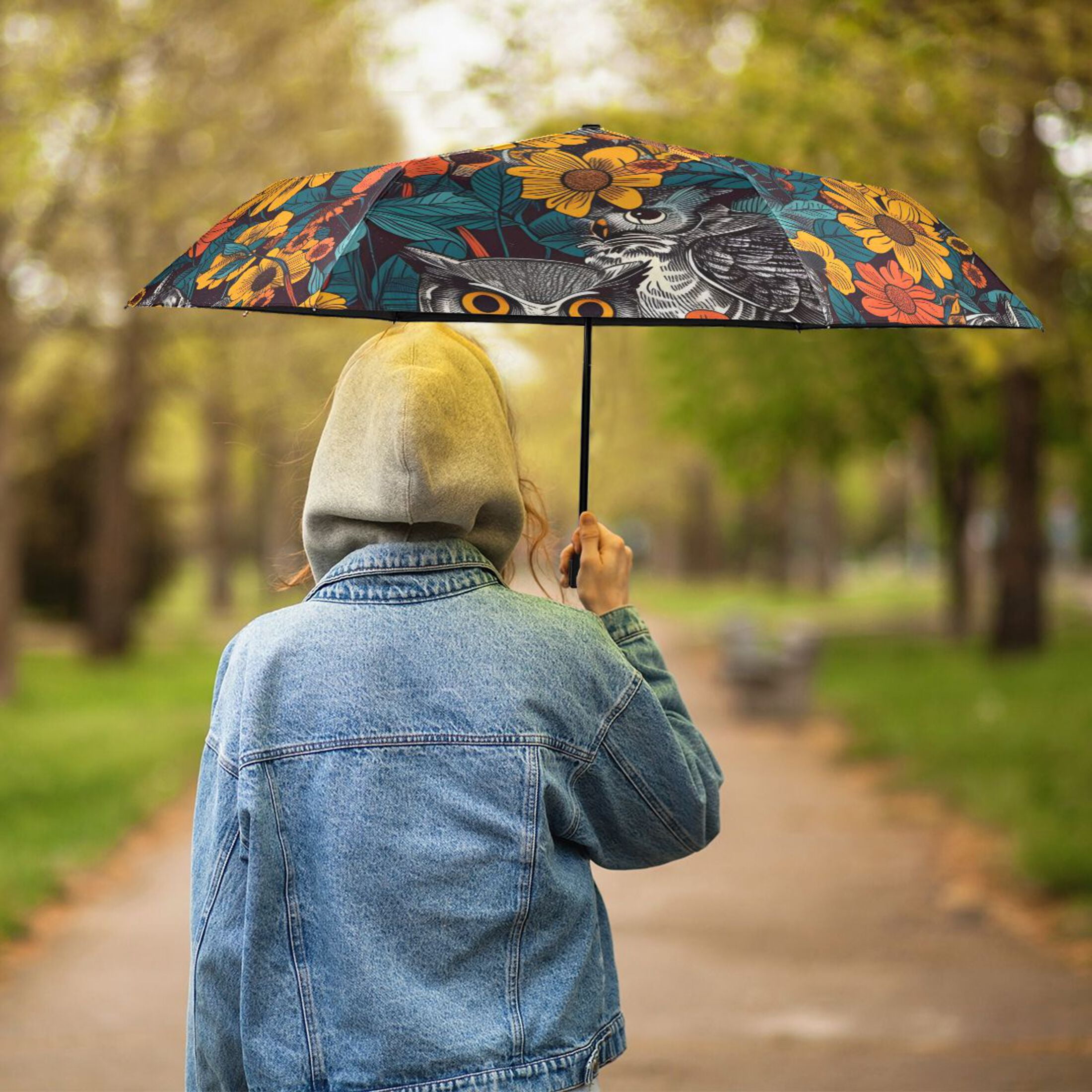 ALAZA Owl in Sunflowers UPF 50+ Compact Folding Umbrella for Rain Travel Umbrella Packable