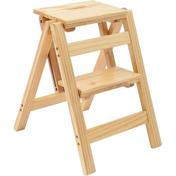 Folding Step Stool Step Ladder 2 Tier, Multi-Functional Folding Solid Wood Ladder Stool, Step Stool Household Muliti-Color Step Ladder Stool for Household and Office 330lbs,Natural,2step