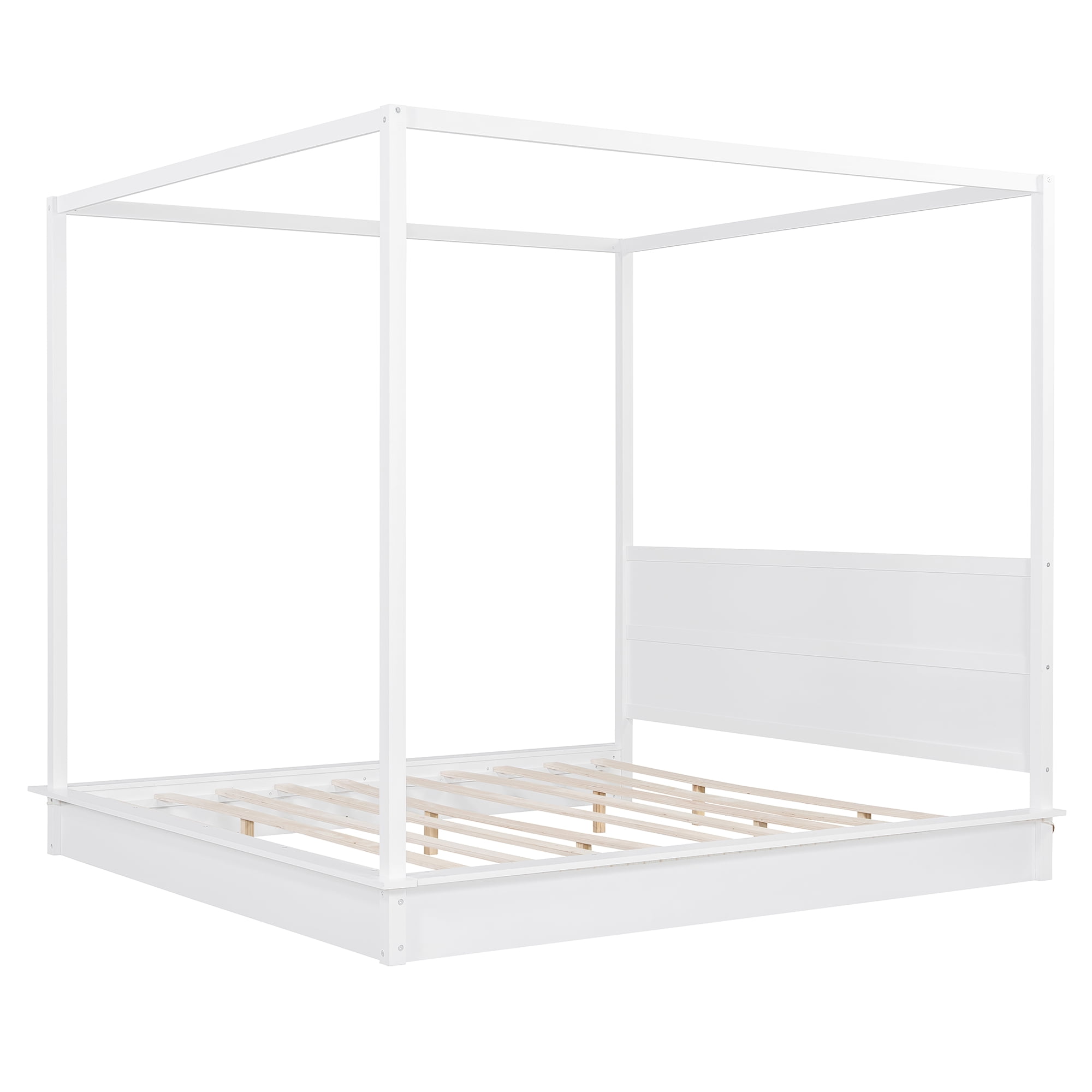 Mintazer King Size LED Canopy Bed with Wood Headboard, Platform Four Poster Bed Frame Easy Assembly, No Box Spring Needed, White