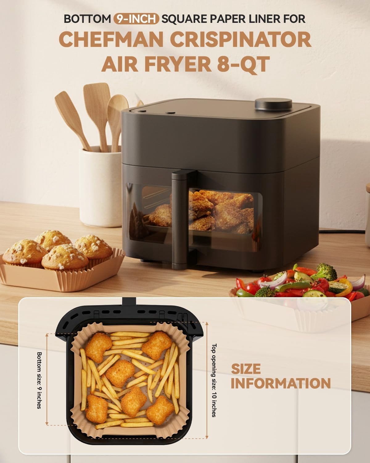 Large Air Fryer Paper Liners Compatible with Chefman Crispinator Air Fryer 6-in-1 8QT Capacity, 125PCs Square 9 Inch Disposable Liners Non-Stick and Oil-Proof Food Safe Parchment for Easy Cleanup