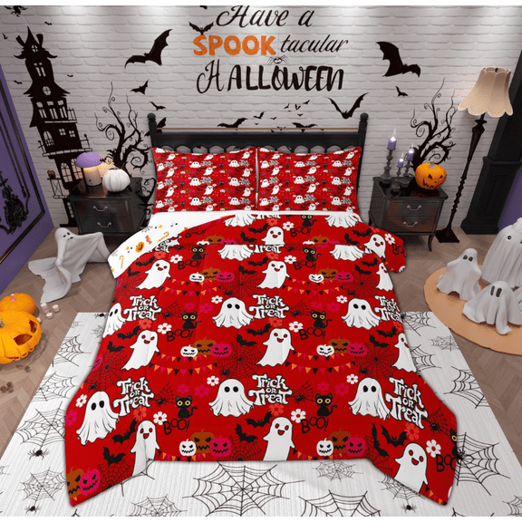 Feelyou Teen Trick or Treat Bedding Comforter Set, Halloween Spider Web Twin Comforter Sets, Horror Ghost Pumpkin Reversible Bedding Set, Luxury Bedroom Decor, 2pcs