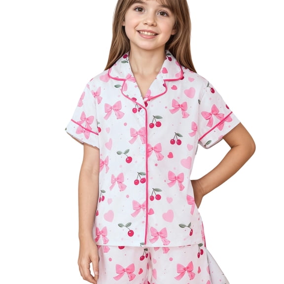 Weebloom Kids Pajamas Girls Cute Bow Short Sleeve Button Down Tops And Shorts Casual Outfit For Children Sleepwear Nightwear Pjs Loungewear Pink 9 Year