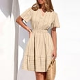 thumbnail image 3 of cocolona Womens Short Sleeve V-Neck Elastic Waist Dresses Summer Casual Solid Color Pleated Mini Dress Vacation Beach Sun Dress, 3 of 7