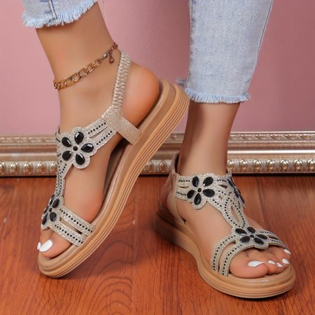 

SHENZHYIXINC Summer Casual Rhinestone Decor Flat Sandals with Comfortable Elastic Band Open Toe Design for a Stylish Look. Ideal for Any Occasion.