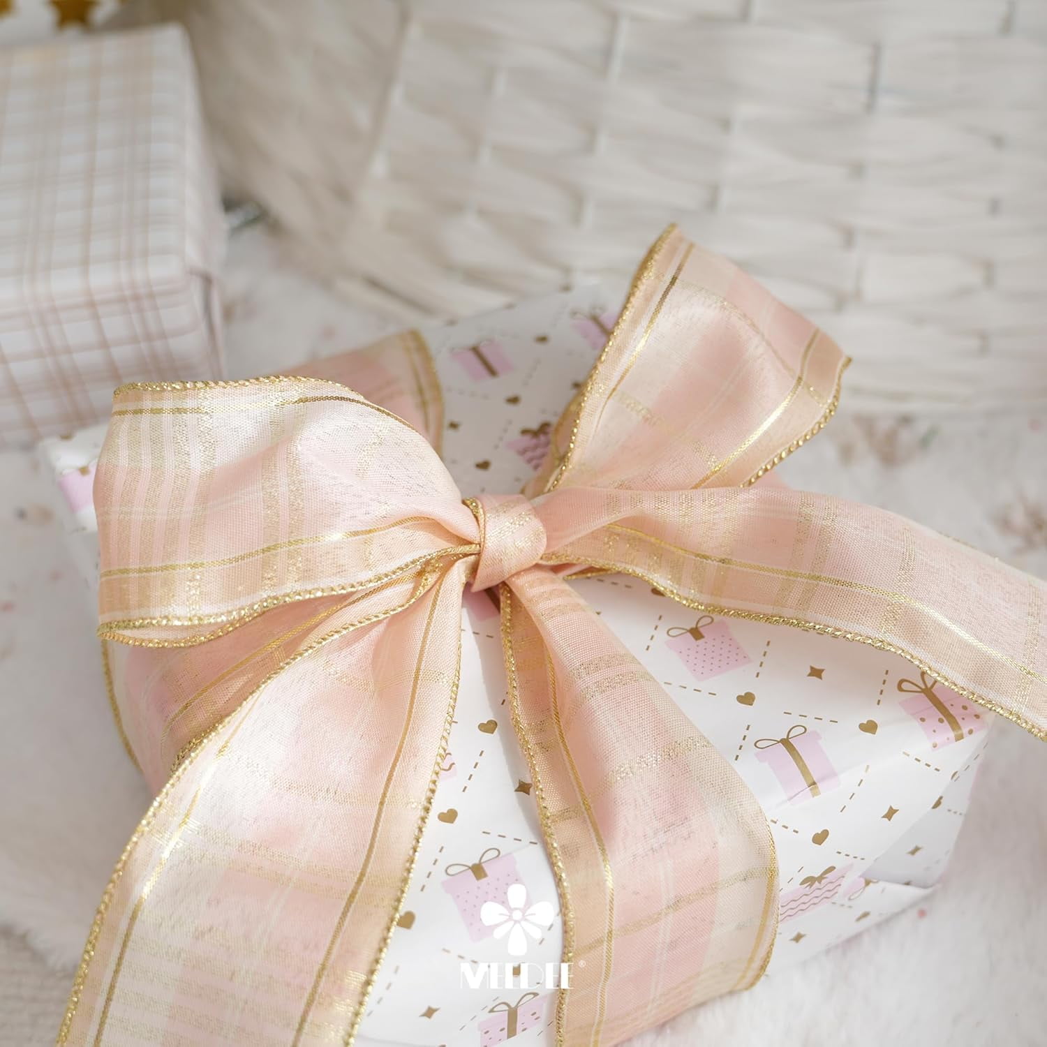 Rose Gold Buffalo Plaid Ribbon - 2.5 Inch Wired Edge Ribbon, 25 Yards - Perfect for Gift Wrapping, Christmas Tree Garland, Wreaths & Bows