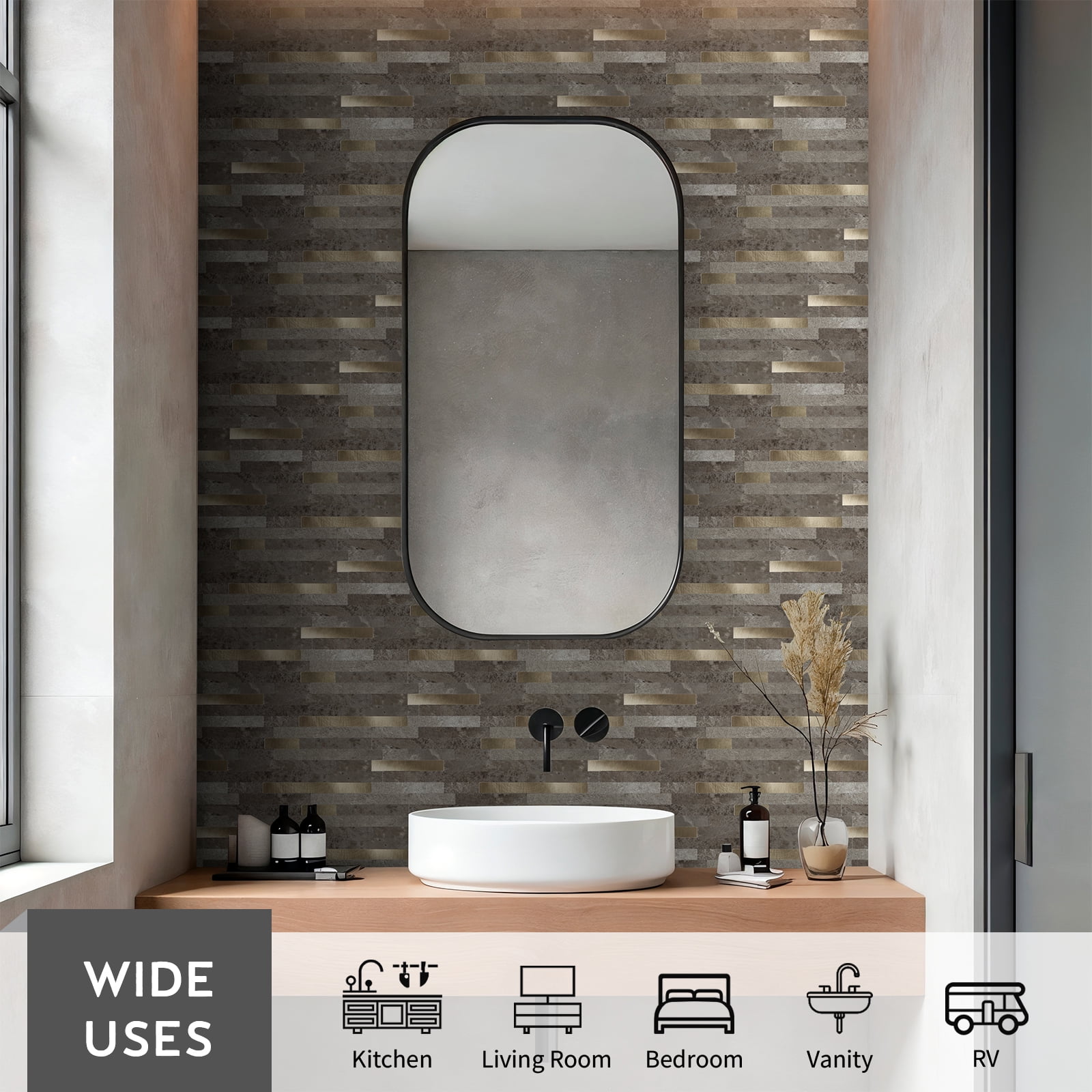 12-Sheet Peel and Stick Backsplash Tiles, Faux Marble Linear Wall Tiles Stick on Backsplash for Kitchen Bathroom Fireplace RV (11.57" x 4.13", Light Brown)