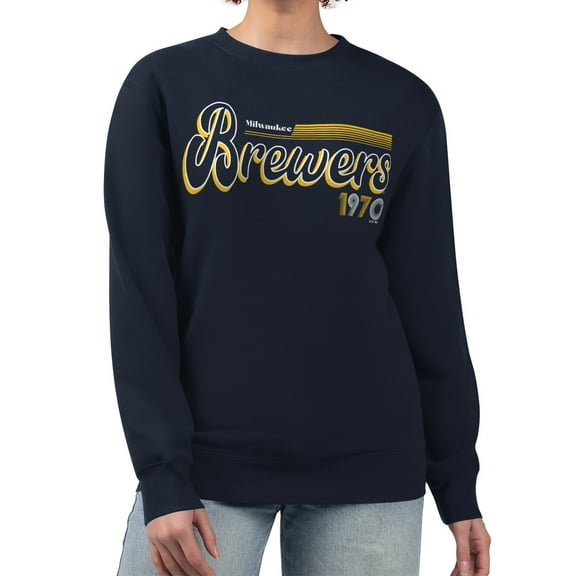 Women's Starter Navy Milwaukee Brewers Groovy Script Team Fleece Pullover Sweatshirt